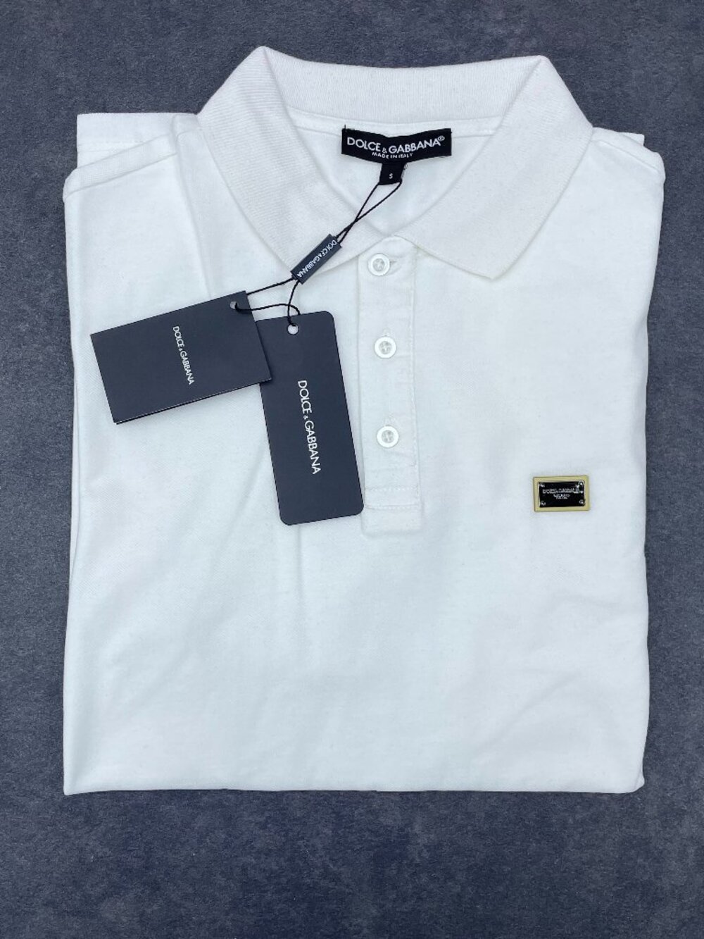 Dolce & Gabbana Men’s White Polo Shirt Logo Plaque- Size Small